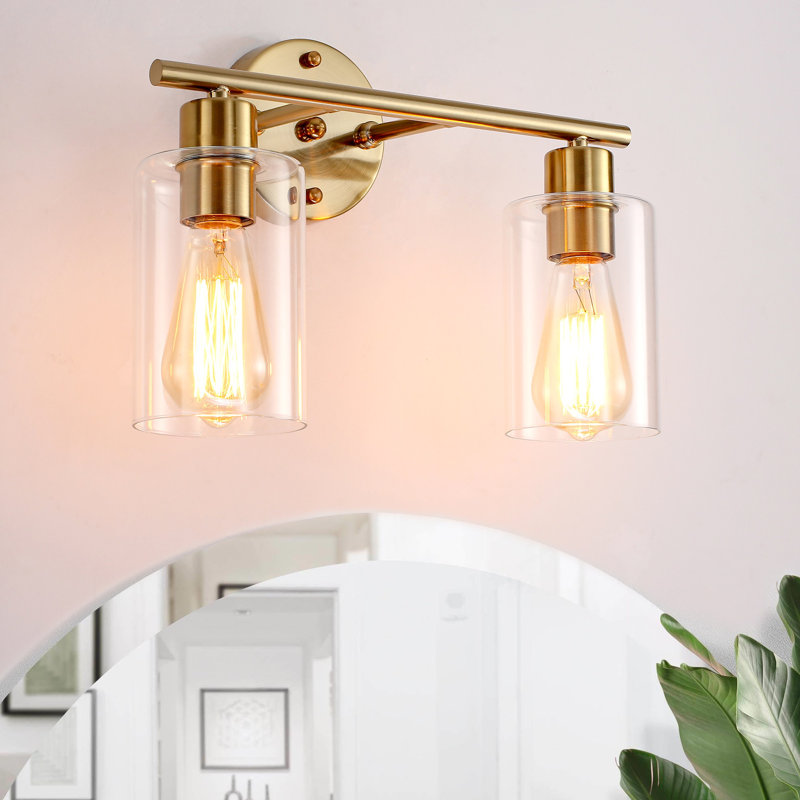 Mercer41 2 - Light Brushed Gold Dimmable Bathroom Vanity Light, Clear Glass Shade Wall Sconce ...